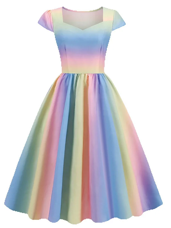 Plus Size Women Dress with a Flattering A - Line Cut for Comfort and Style1950s Rainbow Gradient Sweetheart Cap Sleeved Dress