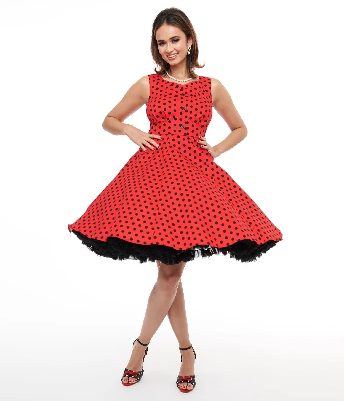 Lace - Embellished Women Dress for an Elegant and Sophisticated Appearance1950s Red & Black Polka Dot Fit & Flare Dress