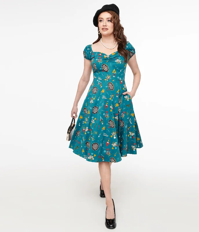 Mini Women Dress with a Short Hem for a Young and Trendy Style1950s Teal Dart Board Keep Em Flying Cotton Swing Dress