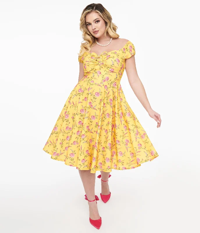 Halter Neck Women Dress to Show Off the Shoulders and Neckline1950s Yellow & Fuchsia Floral Victoria Swing Dress