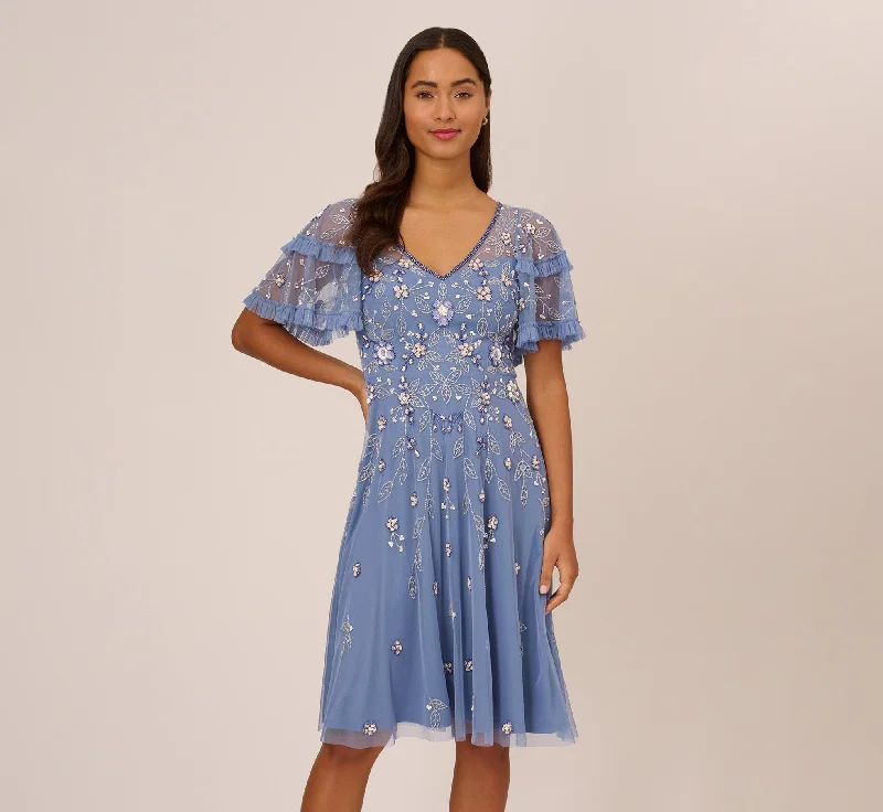 Long - Sleeve Women Dress in Velvet for a Luxurious Winter LookBeaded Midi Dress With Sheer Ruffled Sleeves In French Blue