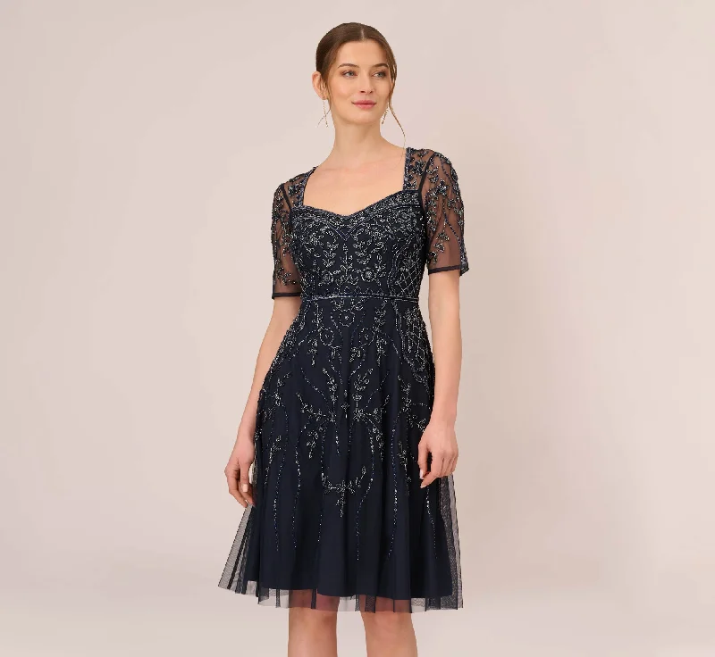 Ruffled Women Dress with Multiple Layers for a Playful and Girly StyleBeaded Midi Dress With Sheer Short Sleeves In Midnight