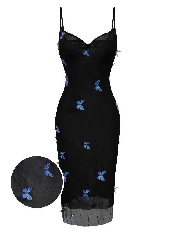 Halter Neck Women Dress to Show Off the Shoulders and NecklineBlack 1930s Butterfly Mesh Strap Dress