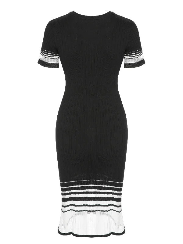 Little Black Women Dress with Sequins for a Glamorous Night OutBlack 1930s Gradient Stripes Knitted Dress