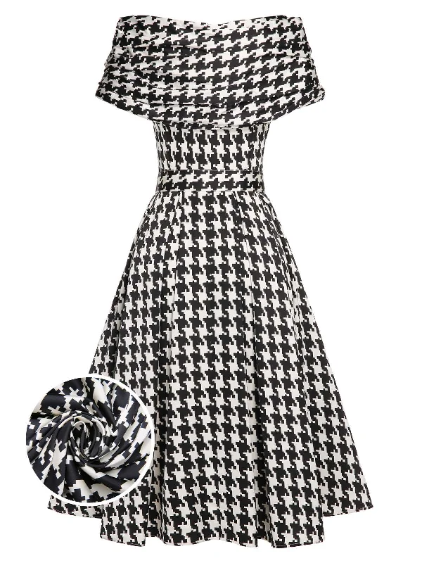 Mermaid - Style Women Dress with a Fitted Silhouette for Special OccasionsBlack 1950s Houndstooth Short Sleeve Belted Dress