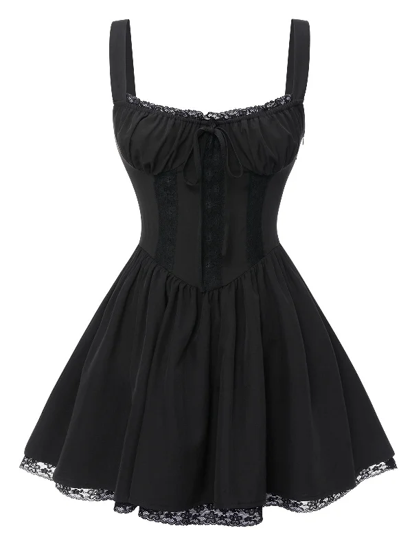 Wrap - Style Women Dress with Adjustable Fit for All Body TypesBlack 1950s Solid Lace Gothic Dress