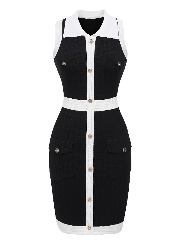 Plus Size Women Dress with a Flattering A - Line Cut for Comfort and StyleBlack 1960s Knitted Lapel Patchwork Dress