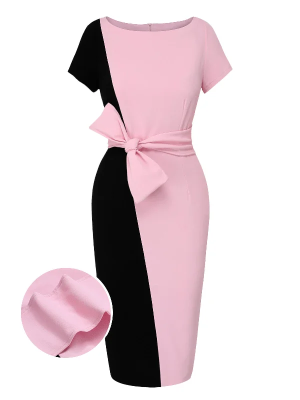 Wrap - Style Women Dress with Adjustable Fit for All Body TypesBlack & Pink 1960s Boat Neck Contrast Belted Dress