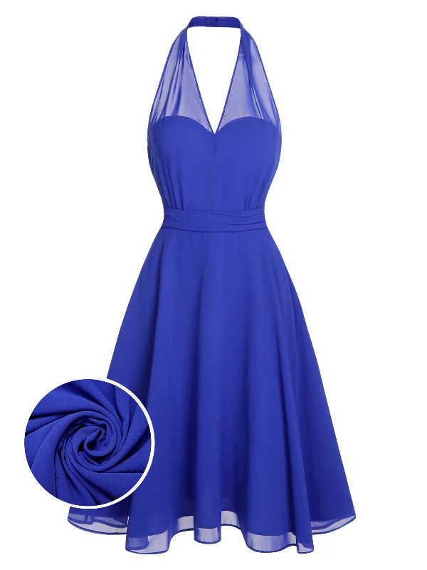 Mini Women Dress with a Short Hem for a Young and Trendy StyleBlue 1950s Solid Chiffon Halter Dress