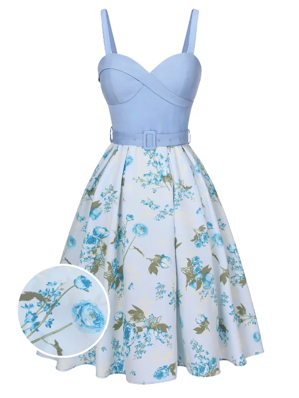 Sheath Women Dress with a Tailored Fit for a Professional LookBlue 1950s Spaghetti Strap Floral Belted Dress