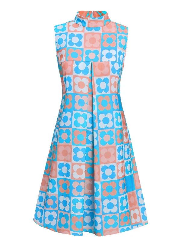 Wrap - Style Women Dress with Adjustable Fit for All Body TypesBlue 1960s Floral Stand Collar Dress