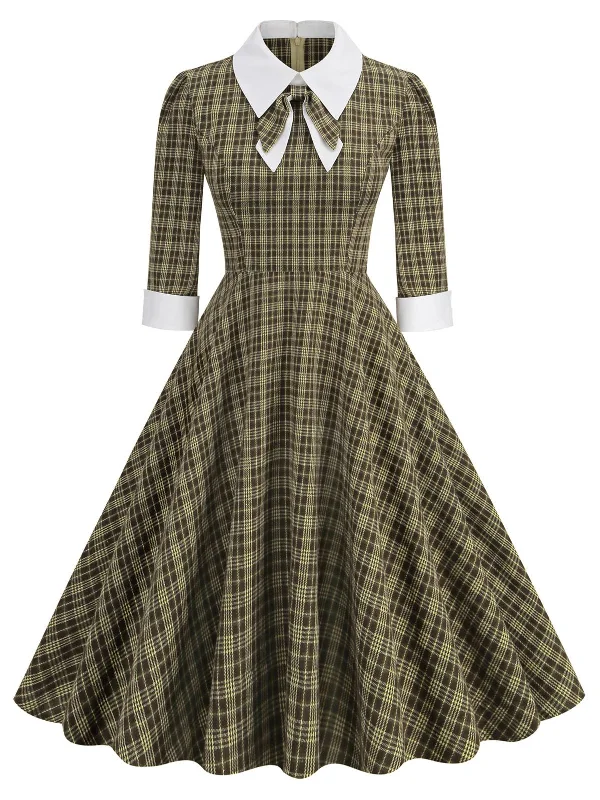 Shift Women Dress with a Simple and Classic Design for Everyday WearBrown 1950s Lapel Bow Decor Plaids Dress