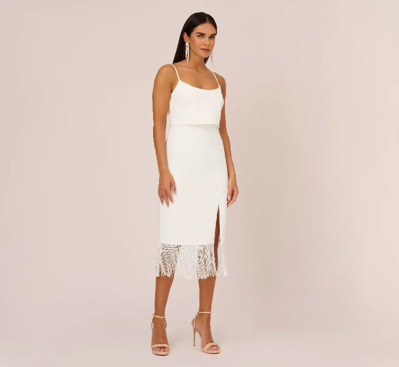 Backless Women Dress for a Sexy and Alluring Look at Evening EventsCrepe Popover Midi Dress With Fringe Trim In Ivory