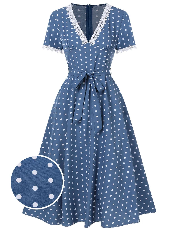 Pleated Women Dress with a Timeless and Elegant TextureDark Blue 1930s V-Neck Polka Dots Belted Dress