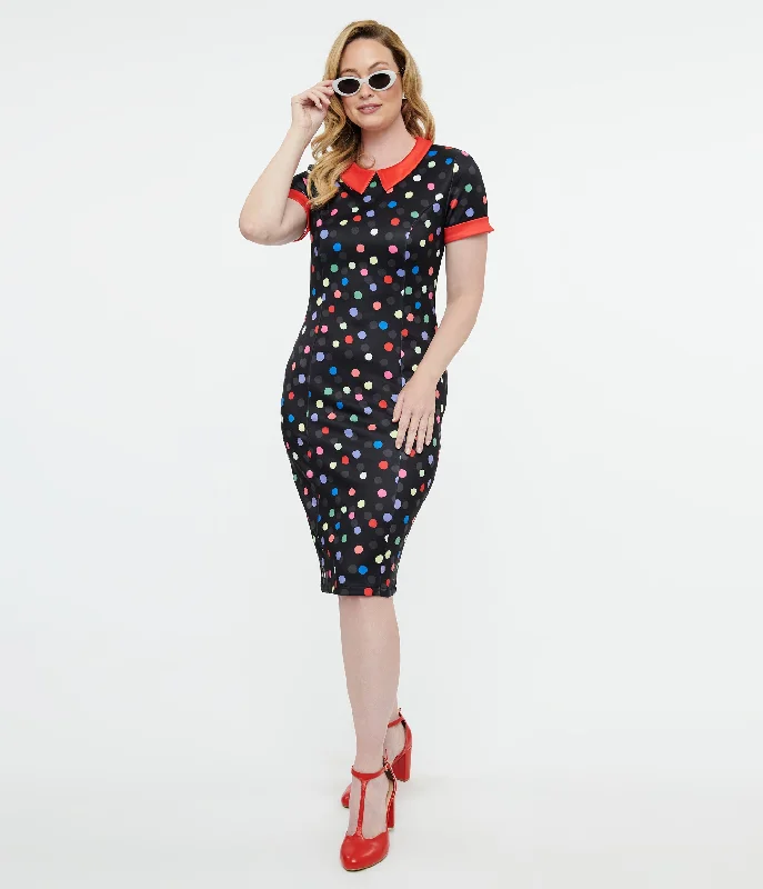 Wrap - Style Women Dress with Adjustable Fit for All Body TypesDolly & Dotty 1950s Black & Rainbow Polka Dot Toni Wiggle Dress