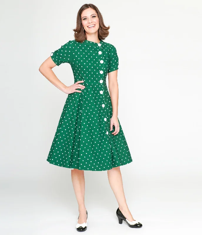 Shift Women Dress with a Simple and Classic Design for Everyday WearUnique Vintage 1950s Green & White Pin Dot Contrast Button Swing Dress