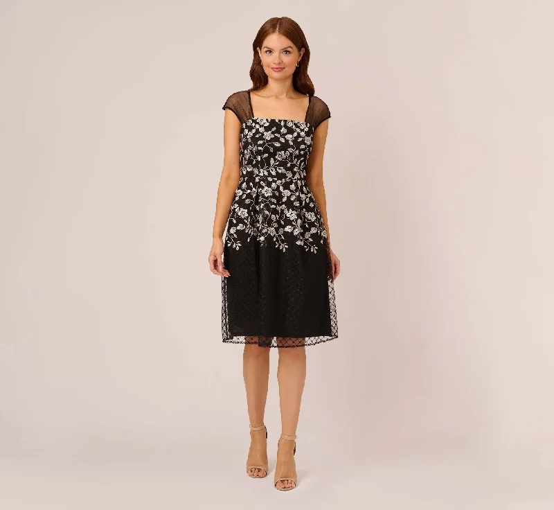 Wrap - Style Women Dress with Adjustable Fit for All Body TypesFloral Embroidered Midi Dress With Sheer Cap Sleeves In Black Ivory