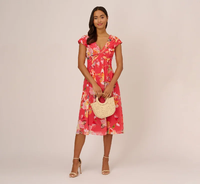 Mermaid - Style Women Dress with a Fitted Silhouette for Special OccasionsFloral Print Midi Dress With Twist Neckline In Coral Multi