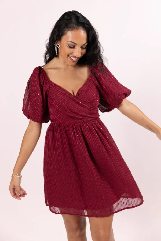 Backless Women Dress for a Sexy and Alluring Look at Evening EventsGet Figgy With It Wine Textured Surplice Neckline Holiday Dress