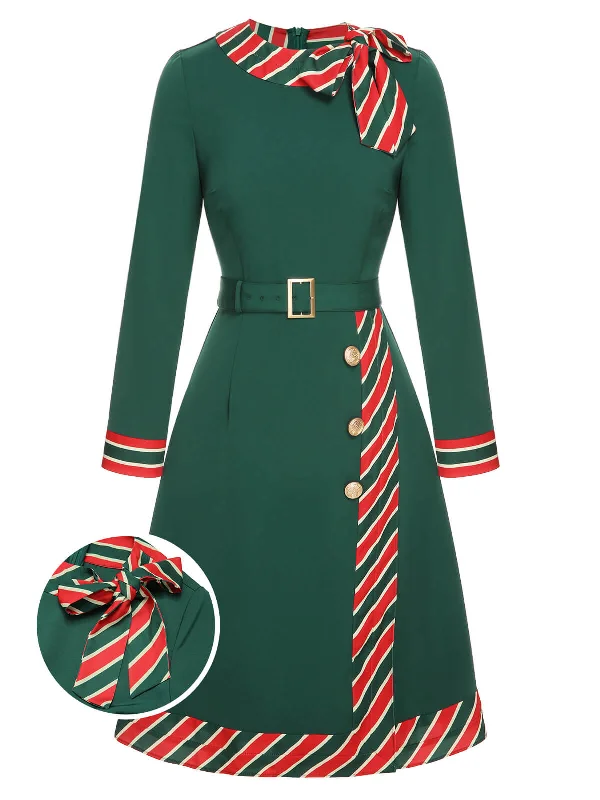 Mini Women Dress with a Short Hem for a Young and Trendy StyleGreen 1940s Stripe Patchwork Dress With Belt