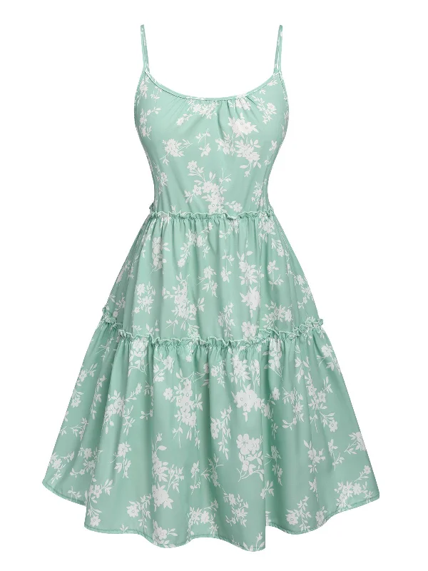 Empire Waist Women Dress to Accentuate the Bust and Conceal the WaistGreen 1960s Floral Wrinkle Suspender Dress