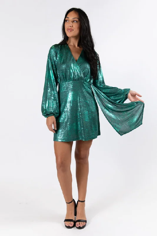 Off - the - Shoulder Women Dress for a Romantic and Feminine LookHeart Of Glass Green Surplice Style Wrap Dress