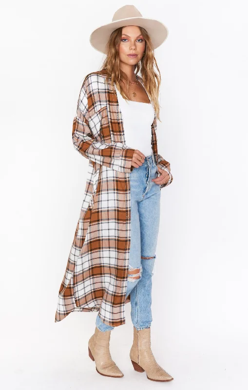 Strapless Women Dress with a Built - in Bra for Comfort and SupportLeo Button Down Tunic ~ Tan Plaid