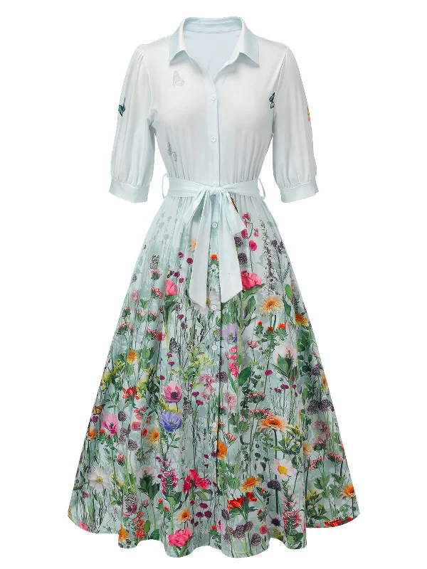 Ruffled Women Dress with Multiple Layers for a Playful and Girly StyleLight Blue 1940s Floral Shirt Neck Belt Dress