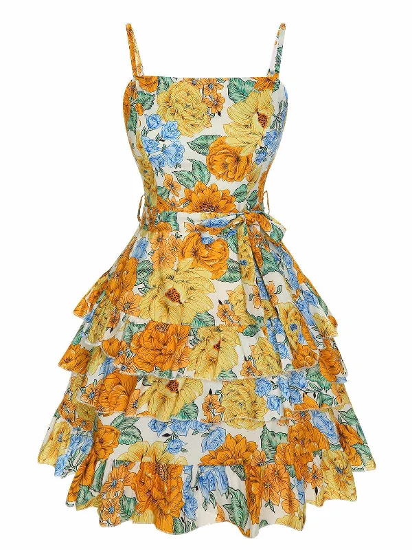 Ruffled Women Dress with Multiple Layers for a Playful and Girly StyleMulticolor 1950s Floral Layered Strap Dress