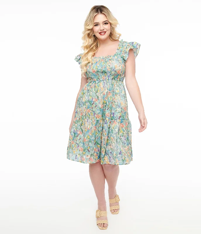 Ruffled Women Dress with Multiple Layers for a Playful and Girly StyleMulticolor Floral Painting Cotton Flare Dress