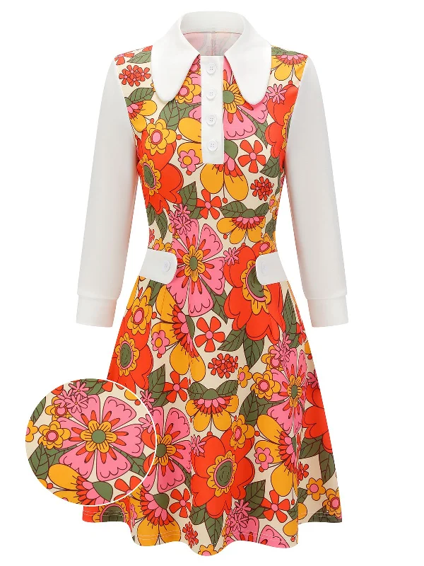 Shift Women Dress with a Simple and Classic Design for Everyday WearOrange 1960s Lapel Flowers Patchwork Dress