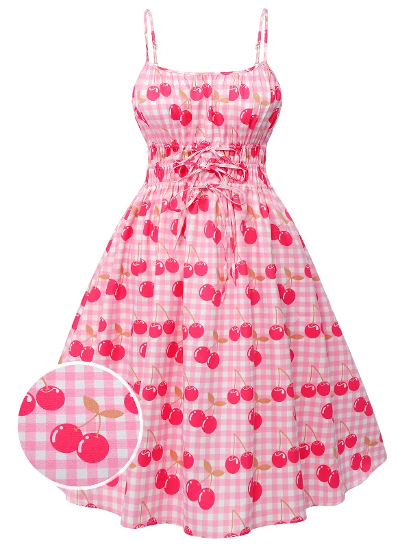 Printed Abstract Women Dress for a Modern and Artistic AppealPink 1950s Cherry Spaghetti Strap Dress