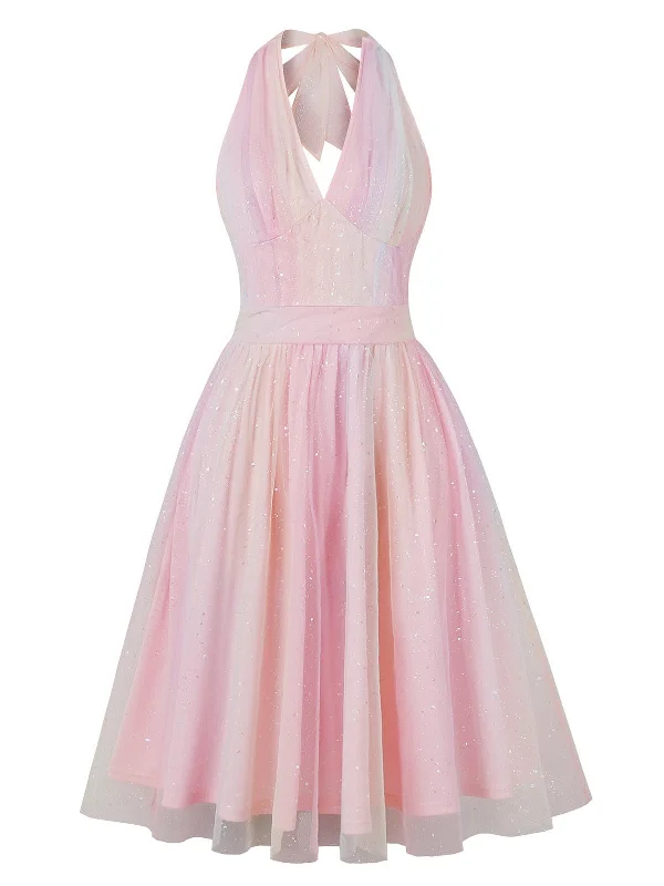 Strapless Women Dress with a Built - in Bra for Comfort and SupportPink 1950s Halter Mesh Sequined Dress