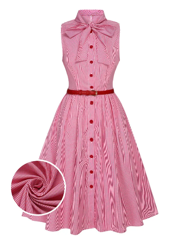 Lace - Embellished Women Dress for an Elegant and Sophisticated AppearancePink 1950s Pinstripes Tie Collar Dress