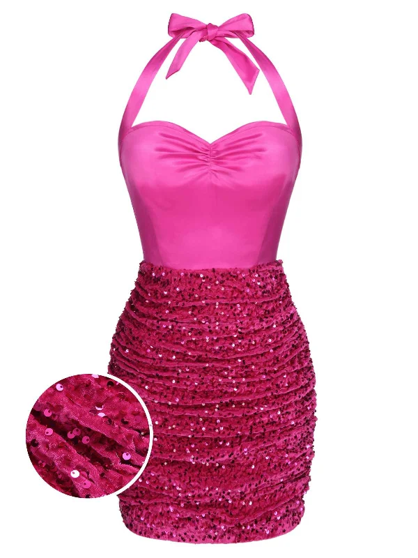 Strapless Women Dress with a Built - in Bra for Comfort and SupportPink 1960s Halter Sequined Wrap Dress