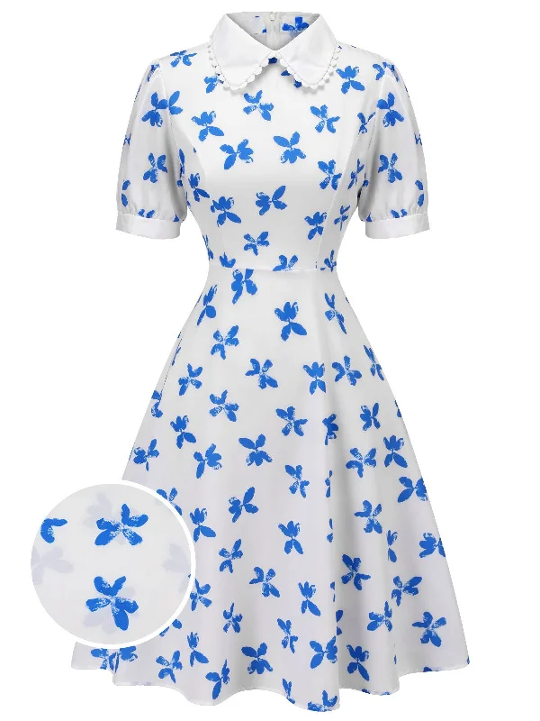 Plus Size Women Dress with a Flattering A - Line Cut for Comfort and Style1940s Blue Butterfly Doll Neck Dress