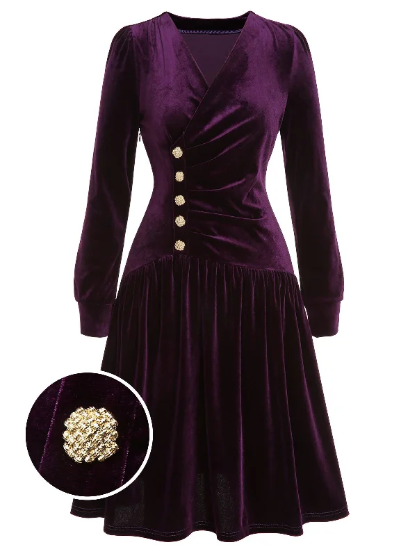 Mermaid - Style Women Dress with a Fitted Silhouette for Special OccasionsPurple 1940s Solid Velvet Buttons Dress