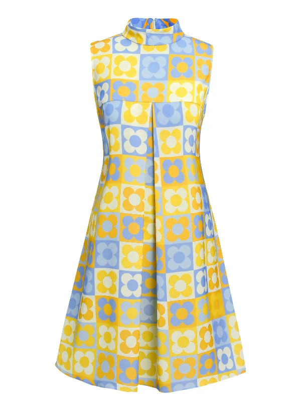 Plus Size Women Dress with a Flattering A - Line Cut for Comfort and StyleYellow & Blue 1960s Floral Stand Collar Dress