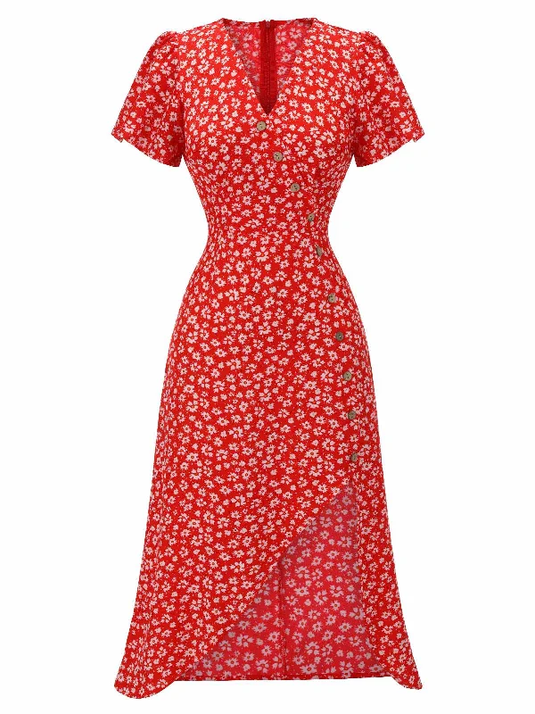 Ruffled Women Dress with Multiple Layers for a Playful and Girly StyleRed 1940s Floral V-Neck Added Button Dress