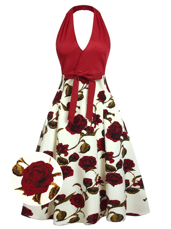 Ball Gown Women Dress with a Full Skirt for a Princess - like LookRed 1950s Halter Roses Bow Dress