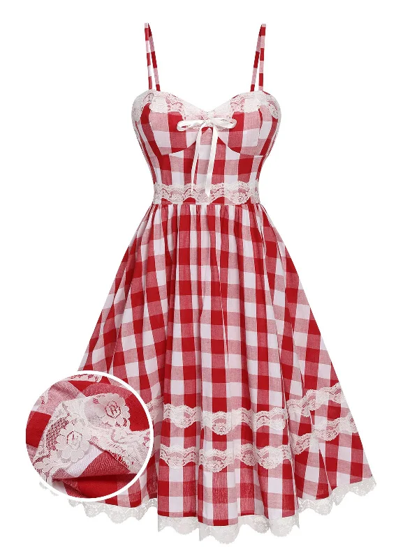 Pleated Women Dress with a Timeless and Elegant TextureRed 1950s Plaid Lace Bow Strap Dress