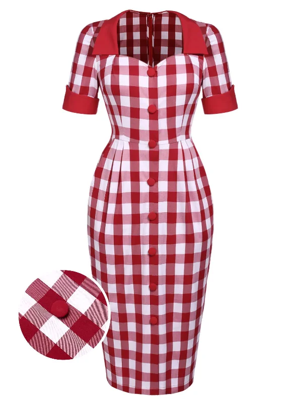 Shift Women Dress with a Simple and Classic Design for Everyday WearRed 1960s Checked Pockets Pencil Dress