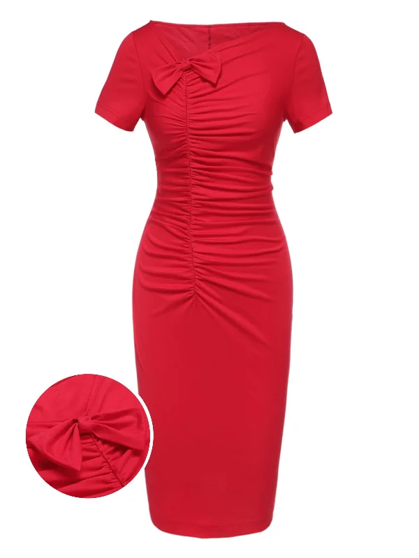 Backless Women Dress for a Sexy and Alluring Look at Evening EventsRed 1960s Shirring Bow Solid Wrap Dress