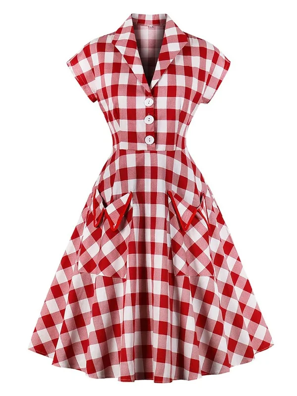 Pleated Women Dress with a Timeless and Elegant TextureRed White 1950s Pockets Plaid Dress