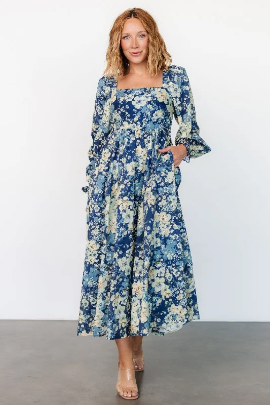 Plus Size Women Dress with a Flattering A - Line Cut for Comfort and StyleTwyla Dress | Blue + Cream Floral