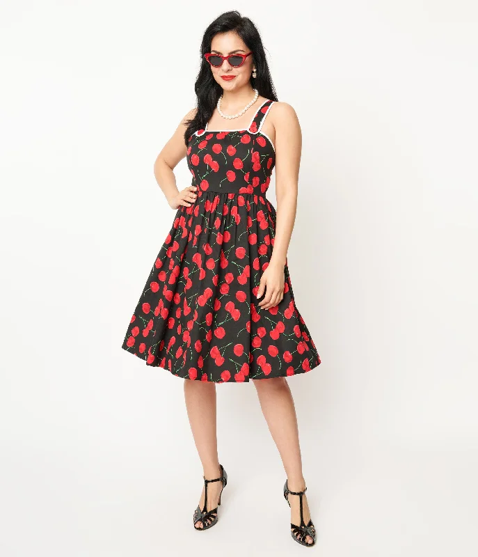 Maxi Women Dress with Floral Print for a Bohemian VibeUnique Vintage 1950s Black & Cherry Print Cotton Pinafore Swing Dress