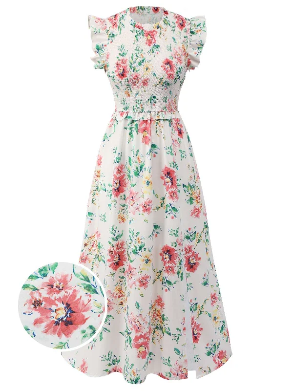 Maxi Women Dress with Floral Print for a Bohemian VibeWhite 1940s Sleeveless Floral Ruffles Dress