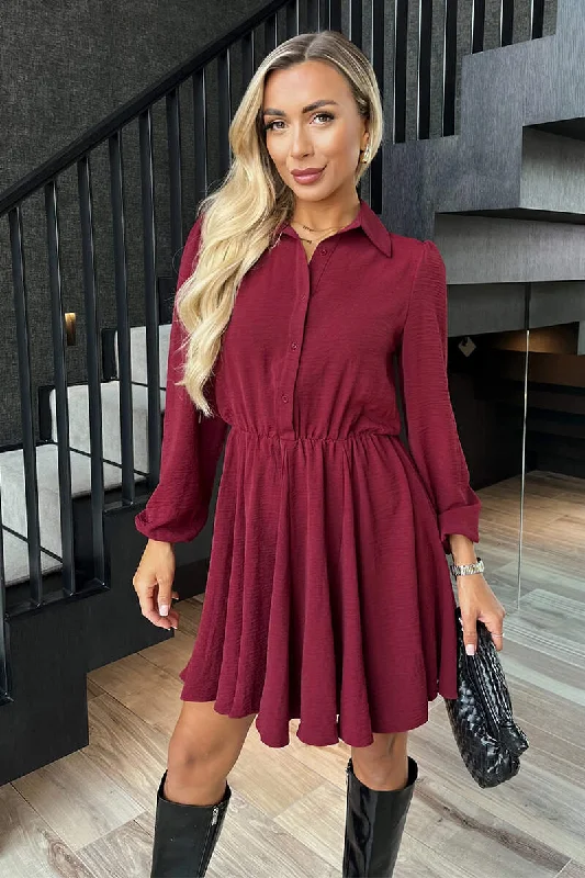 Ruffled Women Dress with Multiple Layers for a Playful and Girly StyleWine Long Sleeve Mini Skater Dress