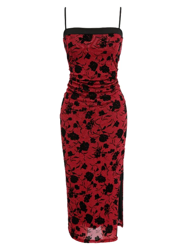 Backless Women Dress for a Sexy and Alluring Look at Evening EventsWine Red 1960s Floral Spaghetti Strap Dress