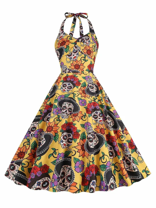 Little Black Women Dress with Sequins for a Glamorous Night OutYellow 1950s Hippie Skull Bow Halter Swing Dress